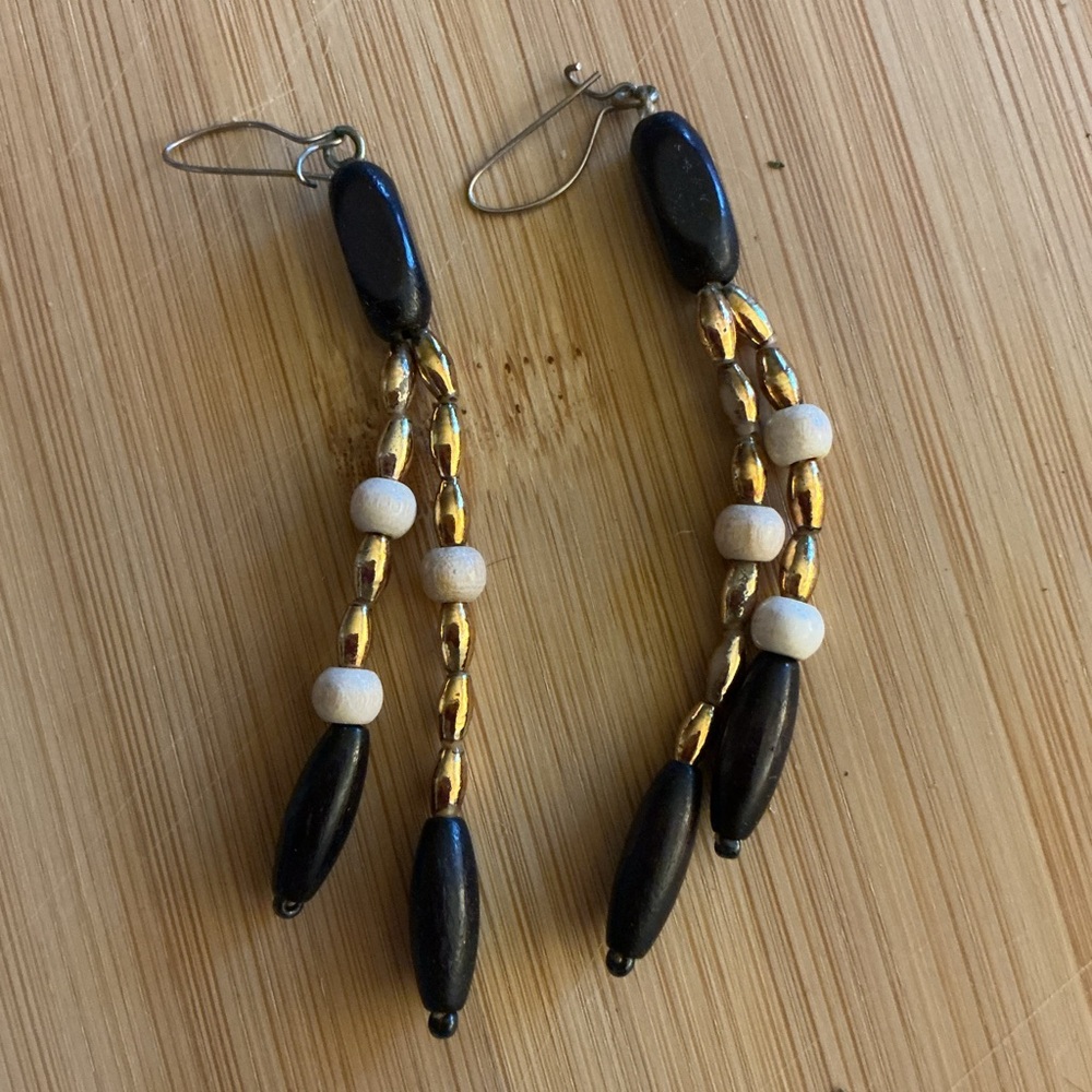 Vintage Black Bead Dangle Earrings Gold Tone Double Strand Boho